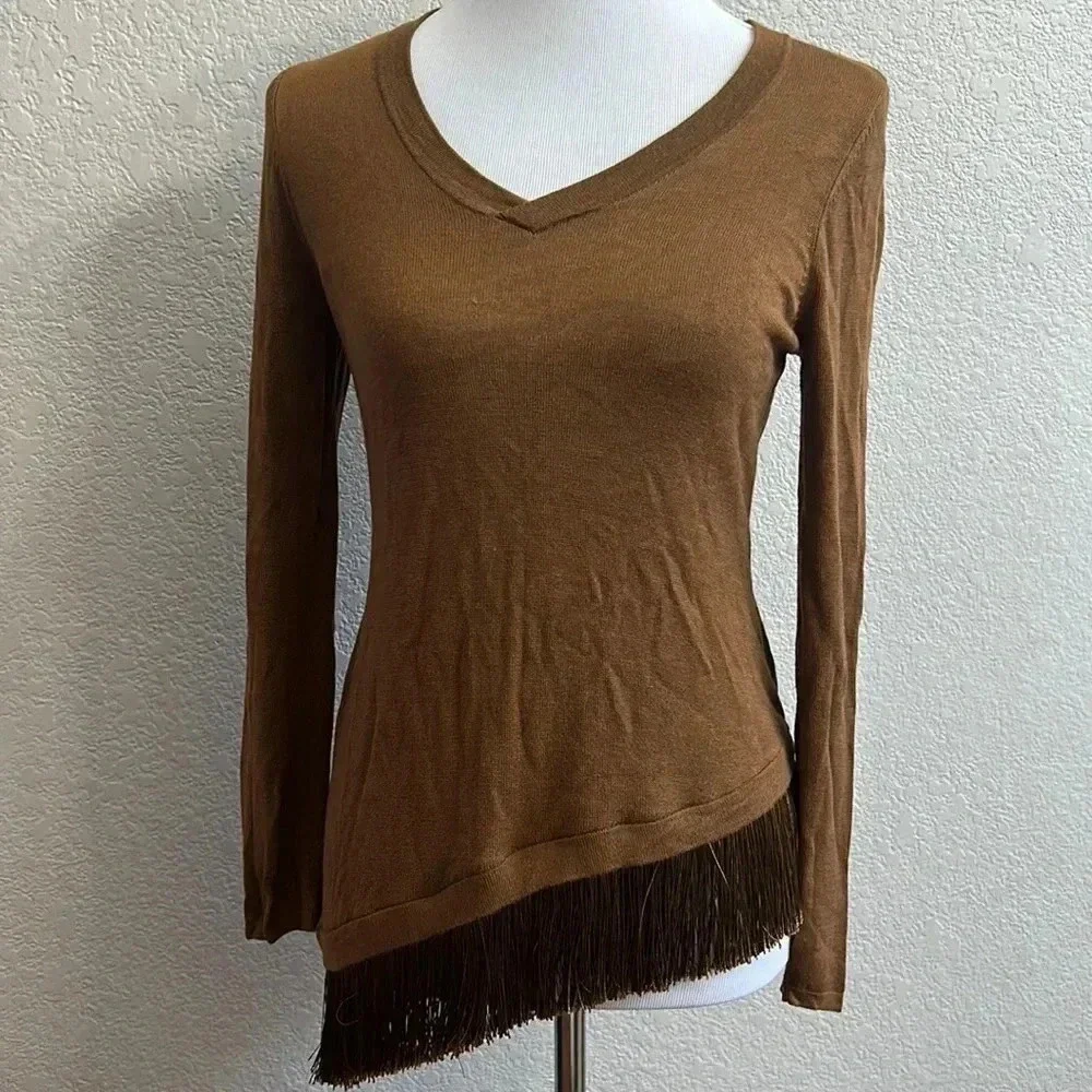 Chicos Fringe Edge Brown Sweater